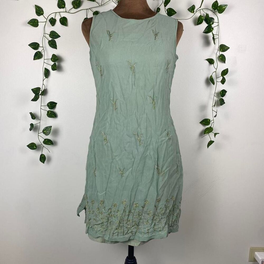 Vintage Victoria Valley light eucalyptus green mini dress embroidered floral